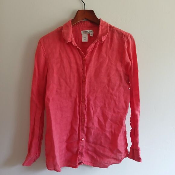 Coldwater Creek Linen Shirt Medium Coral Long Sleeve Button Down Collared - Picture 1 of 6